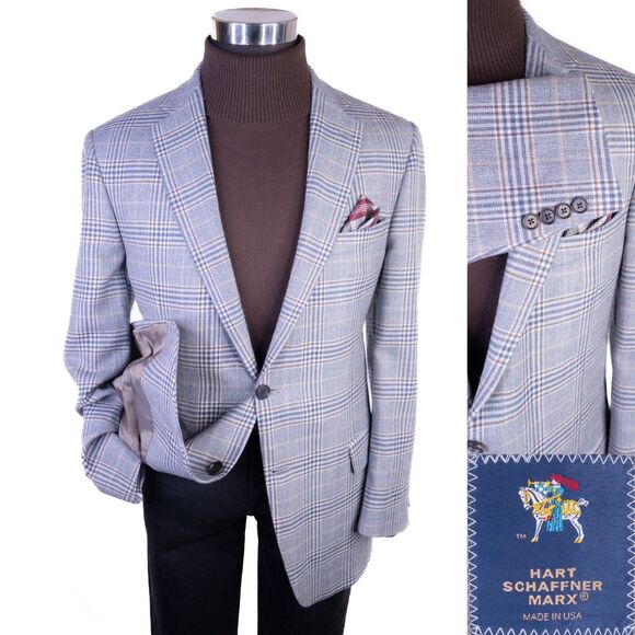 HART SCHAFFNER Mens Blazer Sport Coat Casual Jacket Size 44R Wool Plaid USA Made